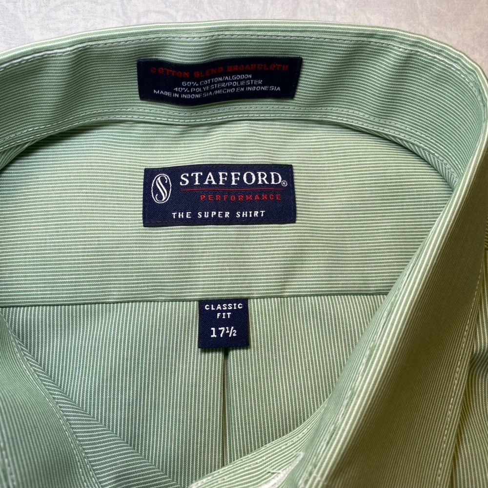 Stafford Performance Super Shirt Mens 17.5 Green White Stripe Classic Fit NWT - Picture 4 of 10